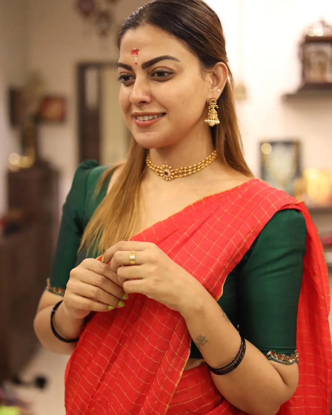 Anusree Nair In South Indian Traditional Red Saree Green Blouse